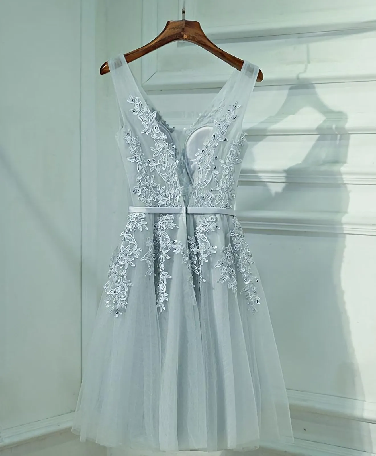 Gray A Line Lace Tulle Short Prom Dress, Homecoming Dress
