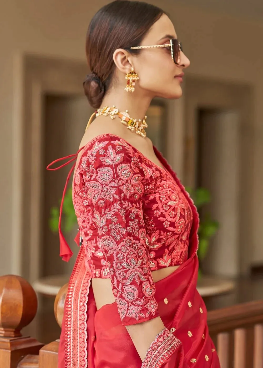 Neon Pink Organza Saree With Dori, Sequins, Zari & Resham Work
